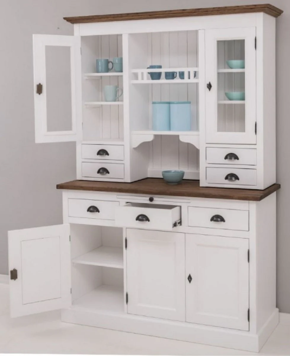 Landhausstil Küchenschrank Weiß / Braun 138 x 50 x H. 197 cm - 2 Teiliger Küchenschrank mit 5 Türen und 7 Schubladen - Landhausstil Küchenmöbel