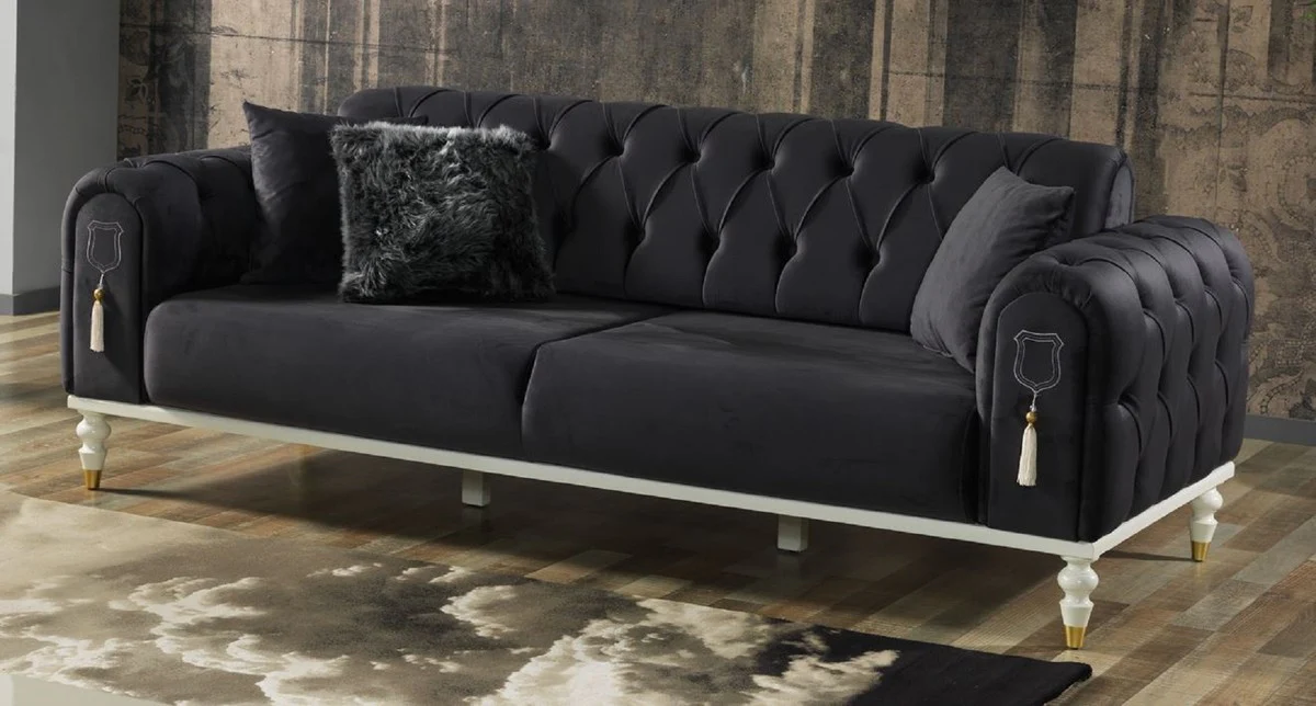 Luxus Chesterfield Schlafsofa Dunkelgrau / Weiß / Gold 230 x 95 x H. 83 cm - Wohnzimmer Sofa mit 3 Kissen - Luxus Wohnzimmer Möbel