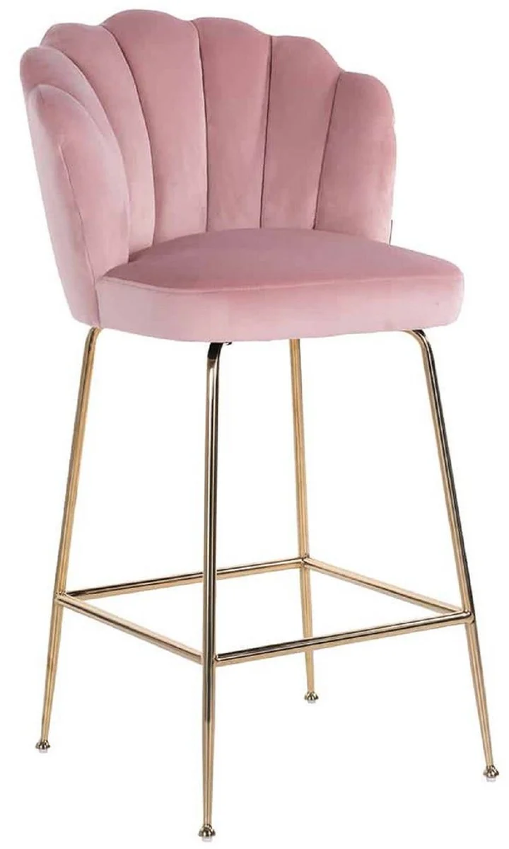 Luxus Barstuhl Rosa / Gold 51 x 61 x H. 113 cm - Gepolsterter Barhocker mit edlem Samtstoff und Edelstahl Beinen - Luxus Barmöbel