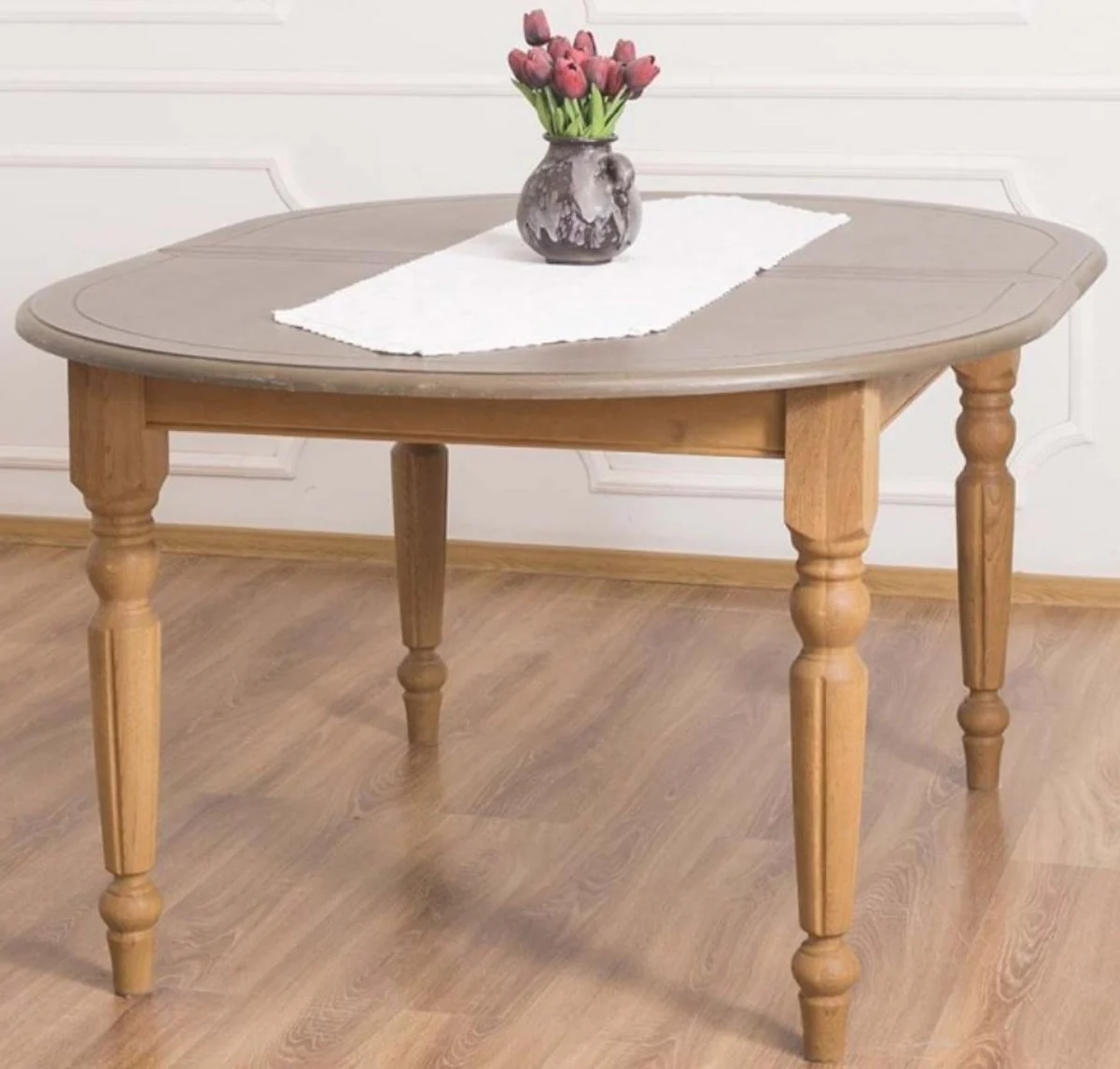 Landhausstil Esstisch Grau / Hellbraun 160 x 120 x H. 78 cm - Ovaler massivholz Küchentisch mit Eichenholz Tischplatte