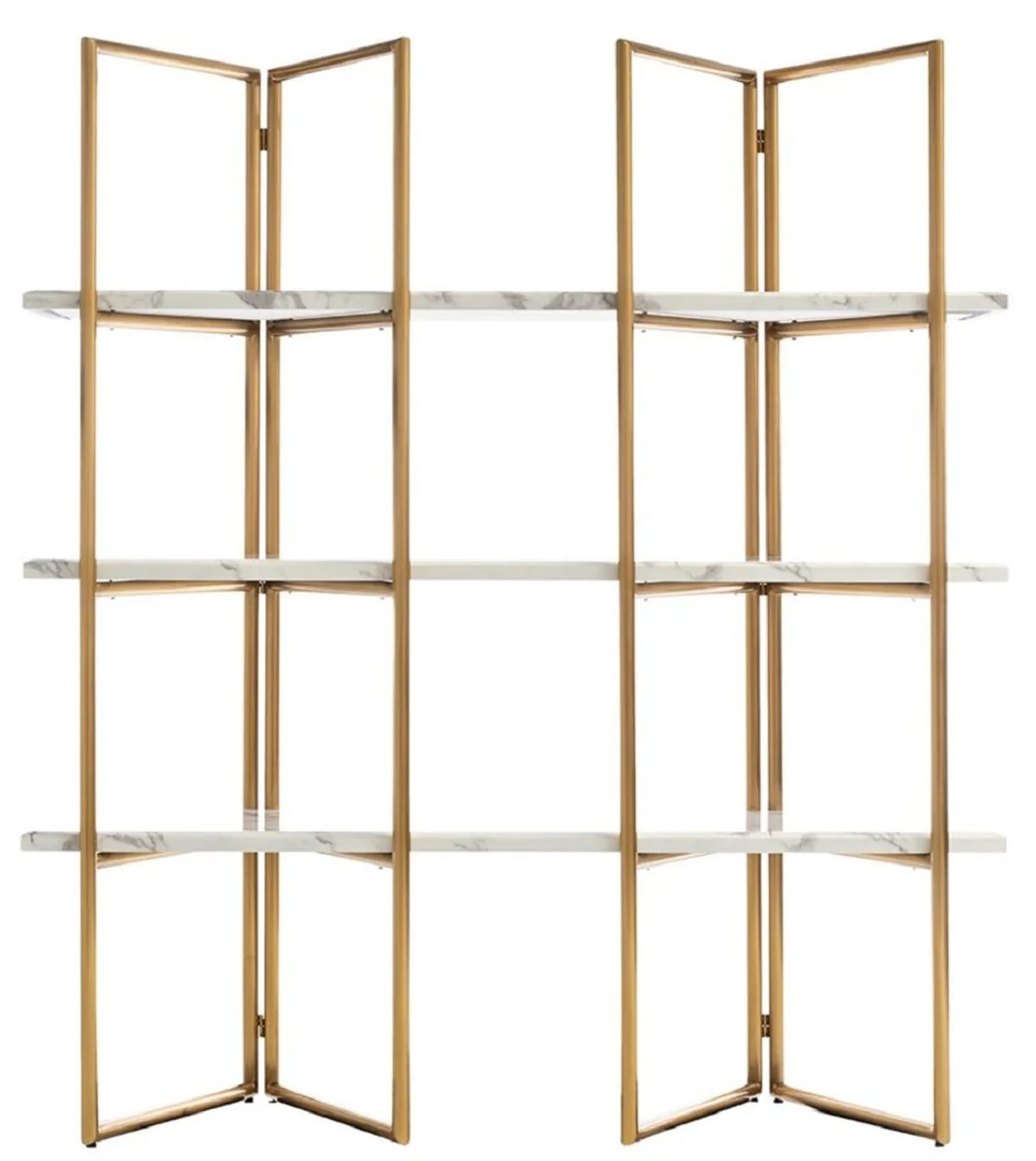 Luxus Regalschrank Gold / Weiß 165 x 46,5 x H. 185 cm - Edelstahl Schrank mit 3 Kunstmarmor Regalplatten - Wohnzimmerschrank - Bücherschrank - Wohnzimmer Möbel