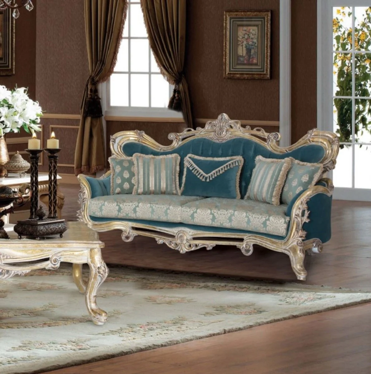 Luxus Barock Sofa Blau / Gold - Handgefertigtes Barockstil Wohnzimmer Sofa mit elegantem Muster - Barock Wohnzimmer Möbel