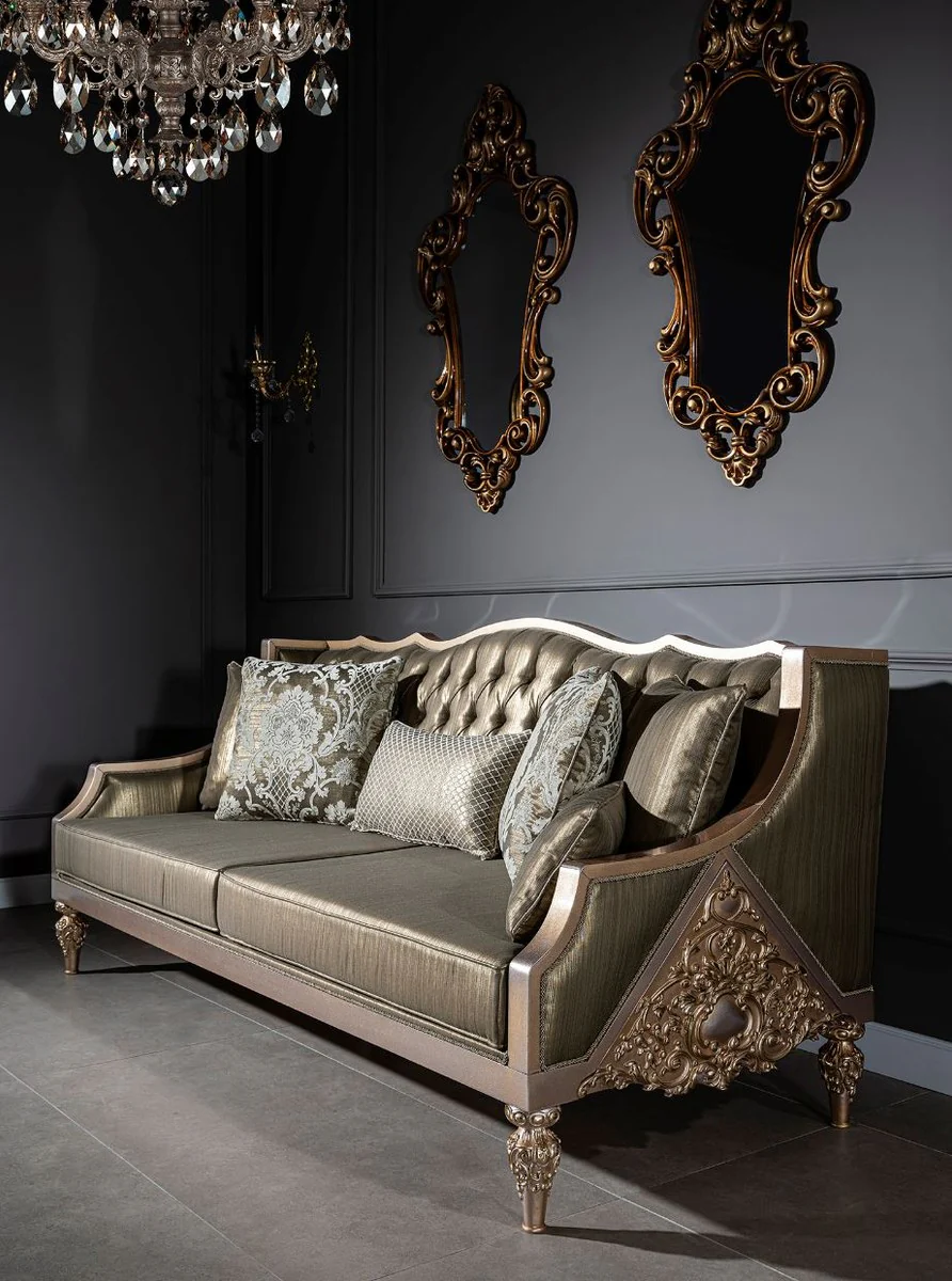 Luxus Barock Sofa Grün / Silber / Kupfer / Gold 210 x 86 x H. 89 cm - Wohnzimmer Sofa mit dekorativen Kissen - Barock Wohnzimmer Möbel