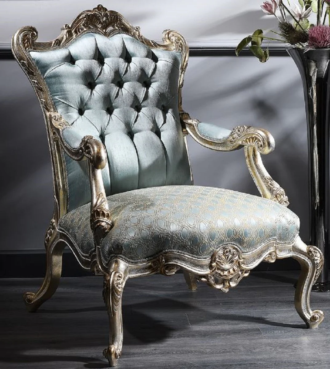 Luxus Barock Chesterfield Thron Sessel Türkis / Gold / Silber 87 x 83 x H. 110 cm - Barockmöbel
