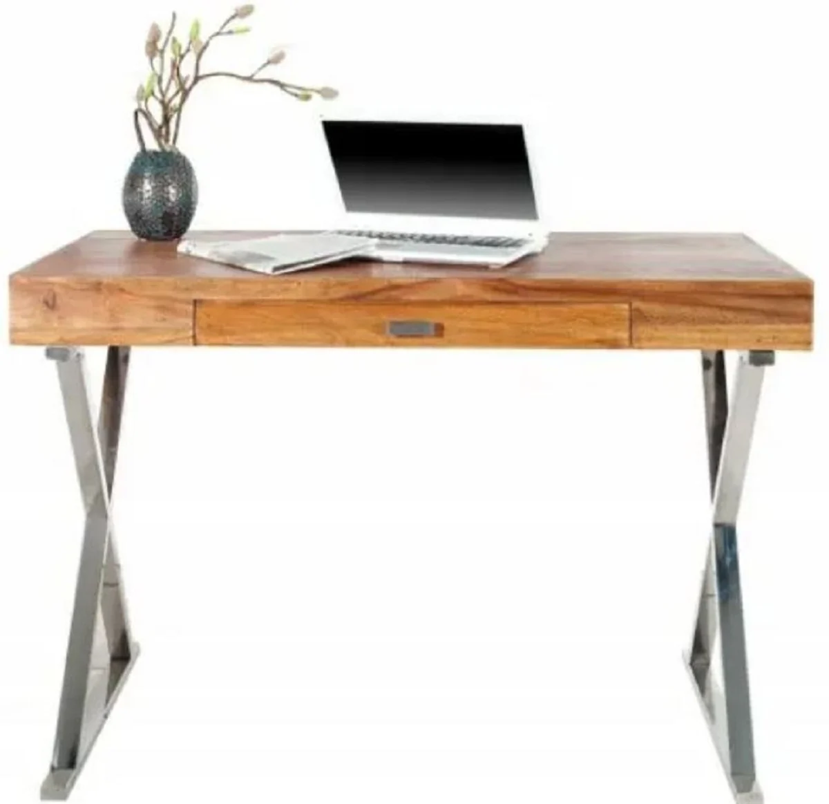 Schreibtisch mit Schublade Braun / Silber 120 cm - Büro Möbel