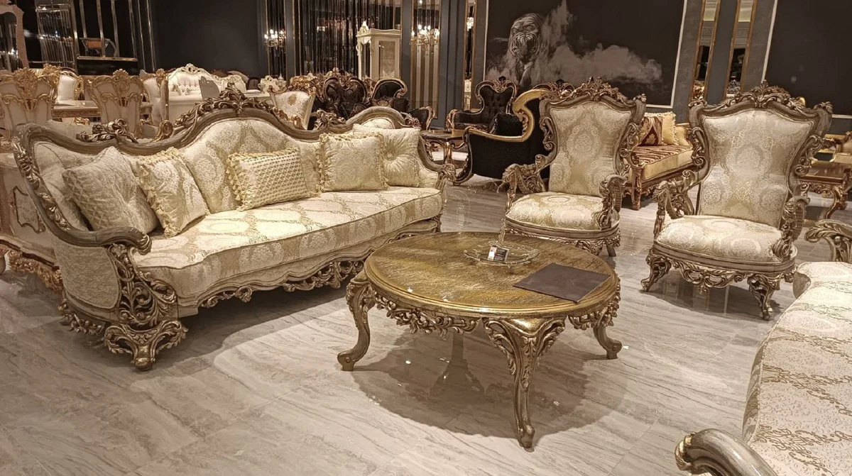 Luxus Barock Couchtisch Gold - Runder Massivholz Wohnzimmertisch im Barockstil - Barock Möbel - Luxus Möbel im Barockstil - Barock Einrichtung - Edel & Prunkvoll