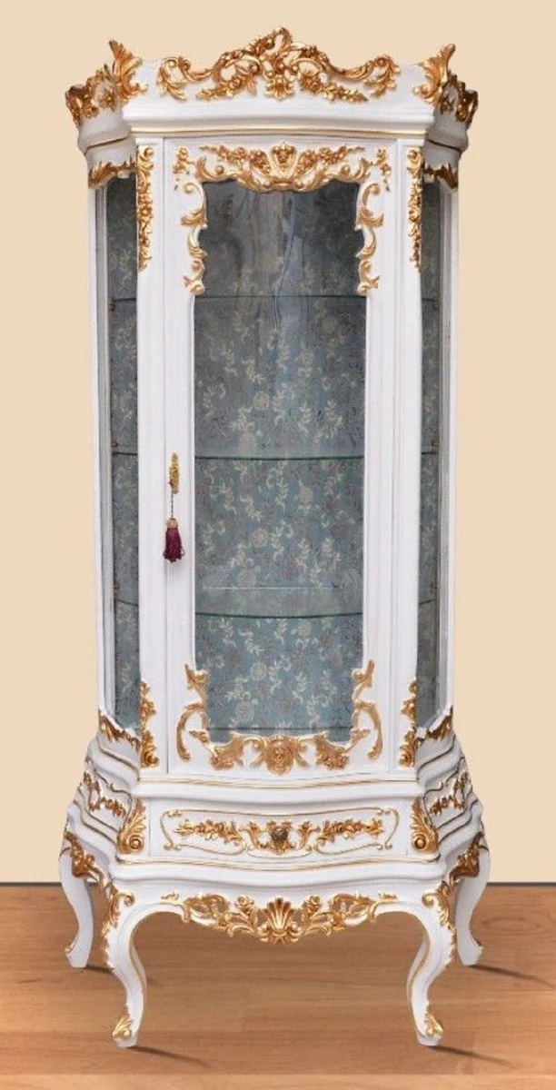 Barock Vitrine Weiß / Gold - Prunkvoller Barock Vitrinenschrank mit Glastür und Schublade - Handgefertigte Barock Wohnzimmer Möbel
