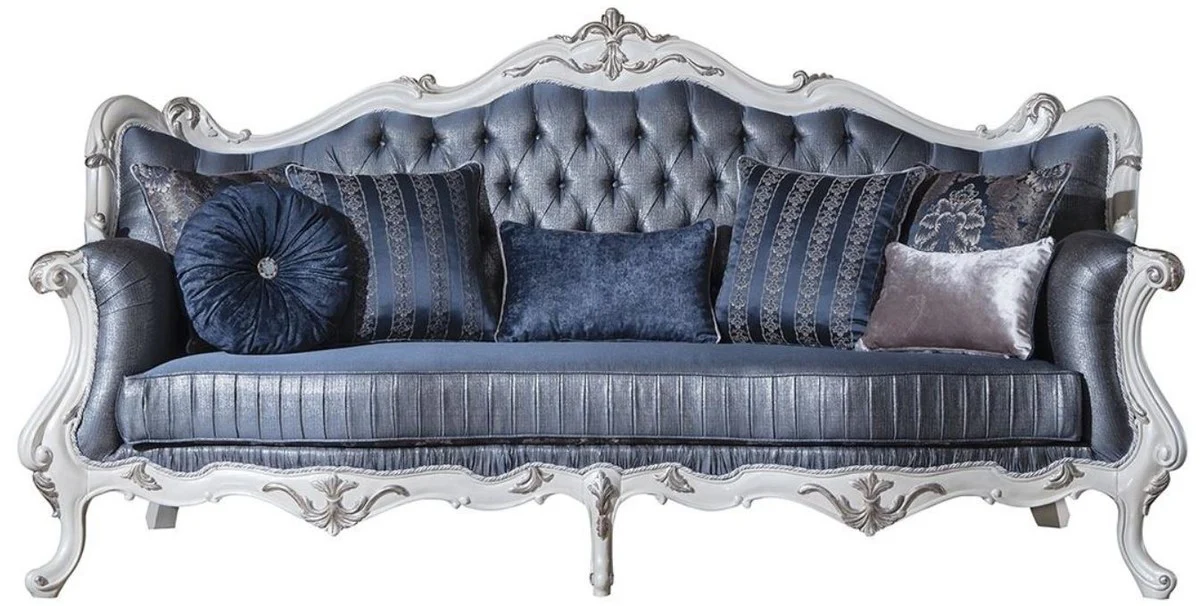 Luxus Barock Wohnzimmer Sofa mit dekorativen Kissen Blau / Weiß / Silber 240 x 90 x H. 120 cm - Prunkvolle Barock Möbel
