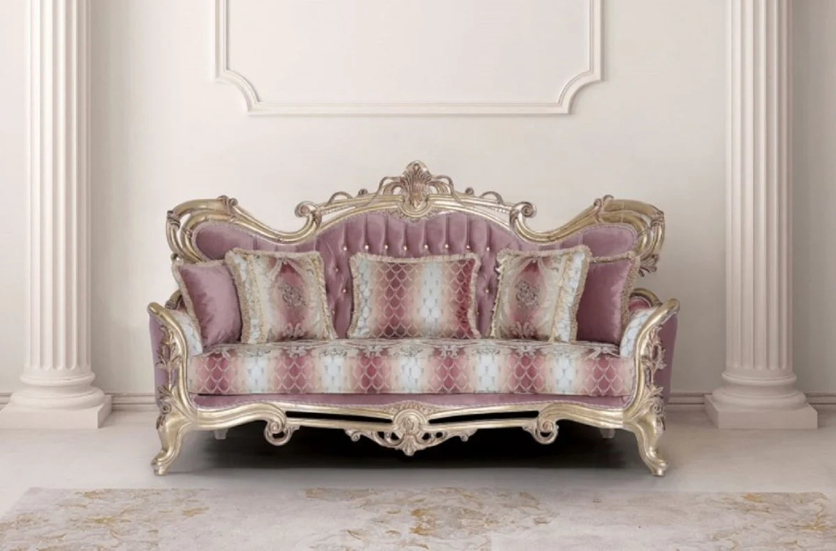 Luxus Barock Sofa Rosa / Weiß / Gold - Handgefertigtes Barockstil Wohnzimmer Sofa mit elegantem Muster - Barock Wohnzimmer Möbel