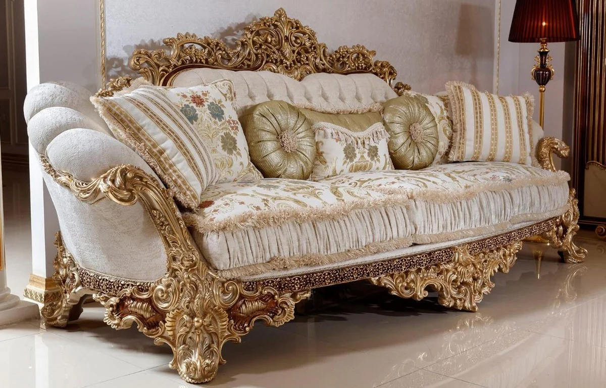 Luxus Barock Sofa Weiß / Mehrfarbig / Braun / Gold - Prunkvolles Wohnzimmer Sofa mit elegantem Muster - Barock Wohnzimmer & Hotel Möbel - Edel & Prunkvoll