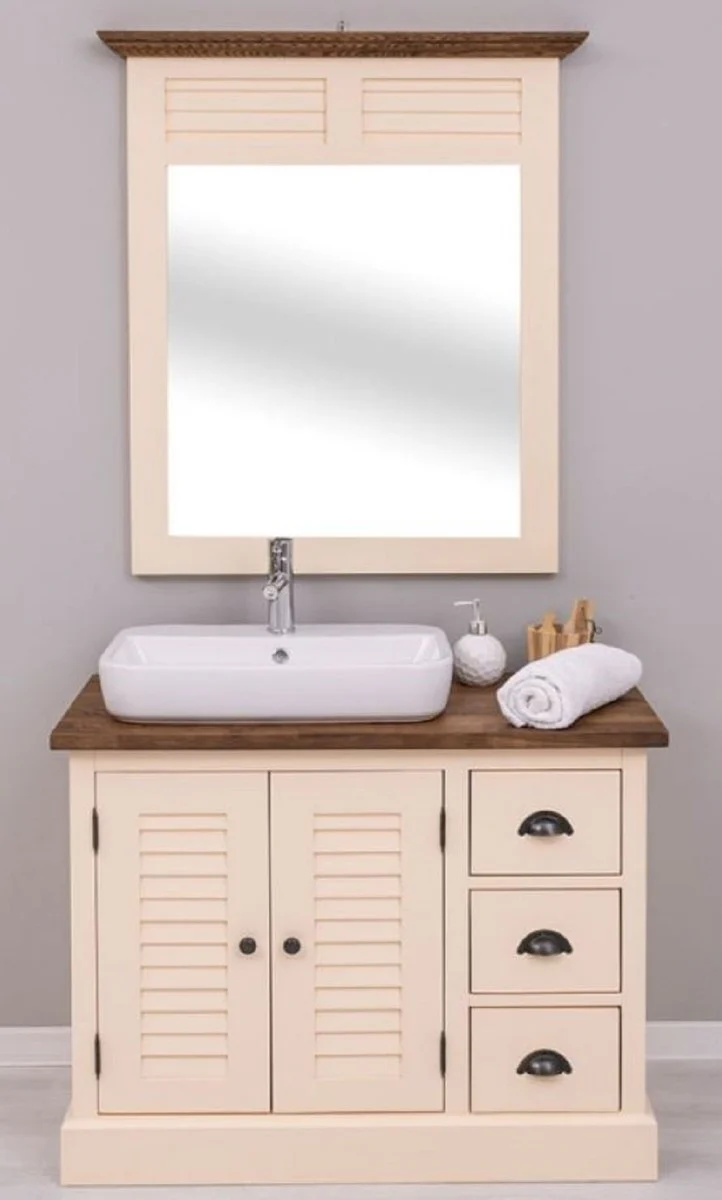 Landhausstil Badezimmer Set Beige / Dunkelbraun - 1 Landhausstil Waschtisch mit Waschbecken und Armatur & 1 Landhausstil Wandspiegel - Badezimmer Möbel im Landhausstil