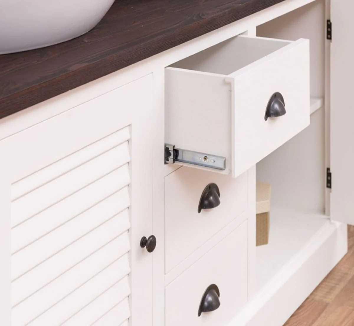 Landhausstil Badezimmer Set Weiß / Dunkelbraun - 1 Doppelwaschtisch & 2 Wandspiegel - Massivholz Badezimmermöbel im Landhausstil