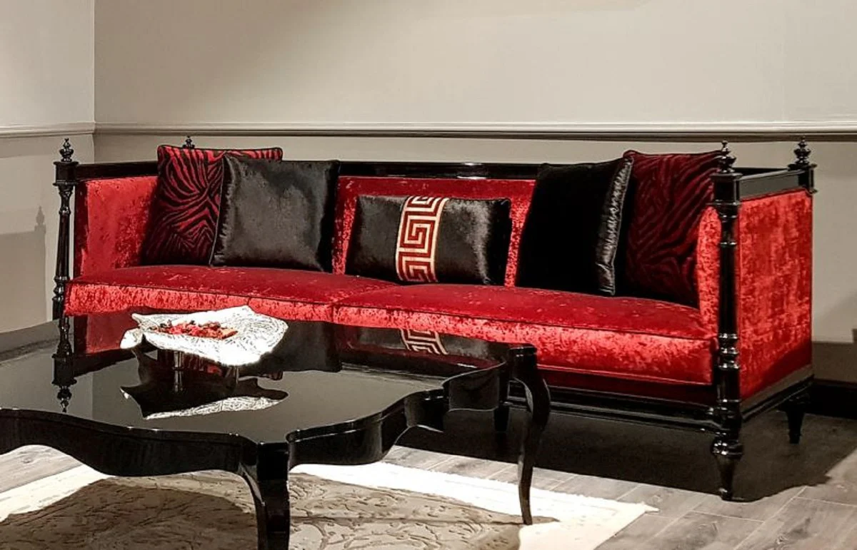 Luxus Barock Sofa Rot / Schwarz - Handgefertigtes Wohnzimmer Sofa im Barockstil - Edle Barock Wohnzimmer Möbel