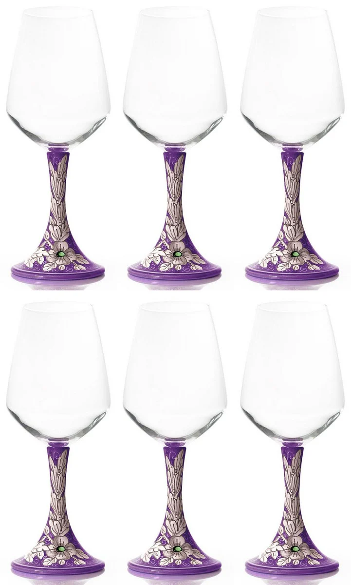 Luxus Keramik Weinglas 6er Set Lila / Mehrfarbig H. 23,5 cm - Handgefertigte & handbemalte Weingläser - Hotel & Restaurant Accessoires - Luxus Qualität - Made in Italy