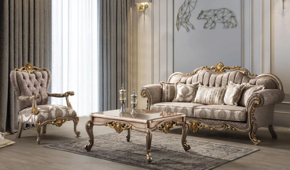 Luxus Barock Couchtisch Silbergrau / Gold 110 x 80 x H. 52 cm - Handgefertigter Massivholz Wohnzimmertisch im Barockstil - Barock Möbel