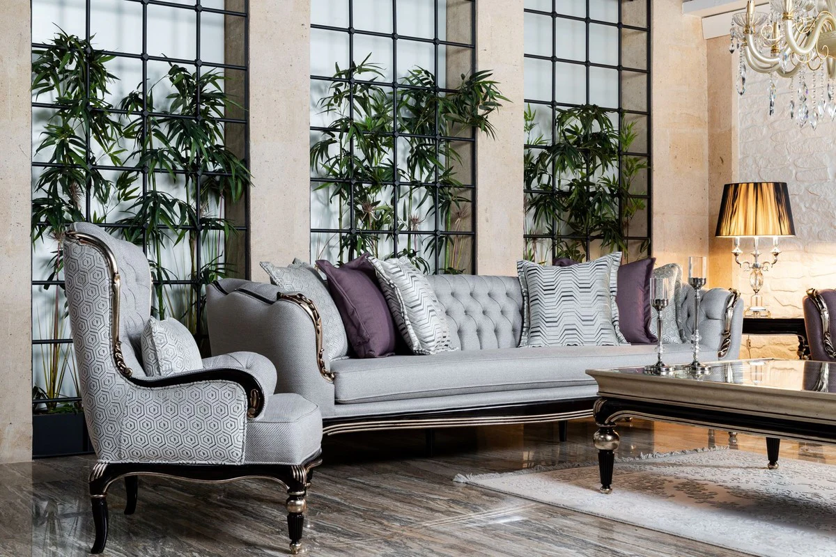 Luxus Barock Sofa Grau / Schwarz / Silber - Handgefertigtes Wohnzimmer Sofa - Barock Wohnzimmer Möbel