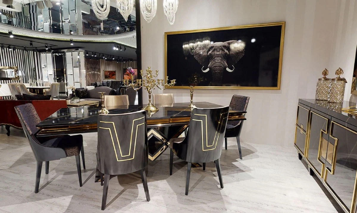 Luxus Art Deco Esszimmer Stuhl Set Schwarz / Gold - Küchen Stühle 6er Set - Art Deco Esszimmer Möbel - Luxus Qualität