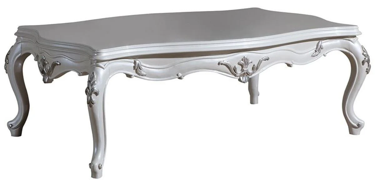 Luxus Barock Couchtisch Weiß / Silber 125 x 85 x H. 47 cm - Rechteckiger Massivholz Wohnzimmertisch - Prunkvolle Barock Möbel