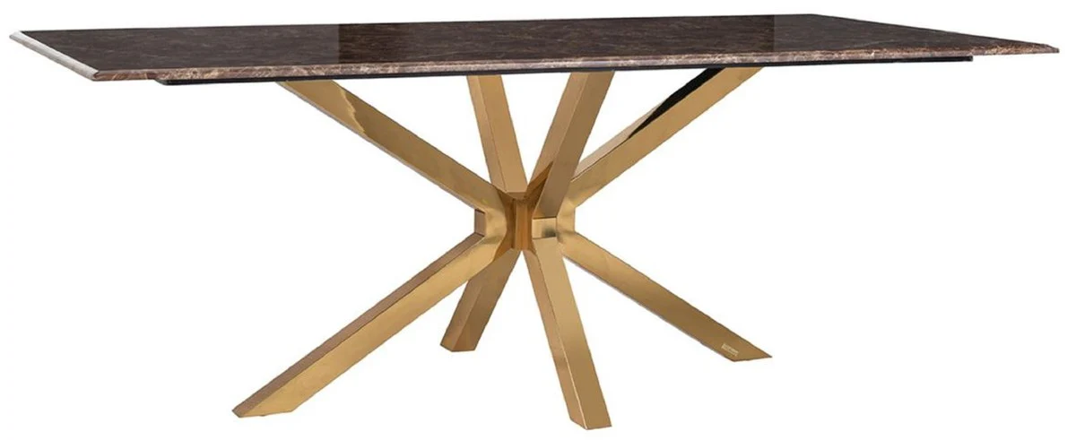 Luxus Esstisch Braun / Gold 200 x 100 x H. 77 cm - Rechteckiger Esszimmertisch mit Kunstmarmor Tischplatte und Edelstahl Beinen - Luxus Esszimmer Möbel