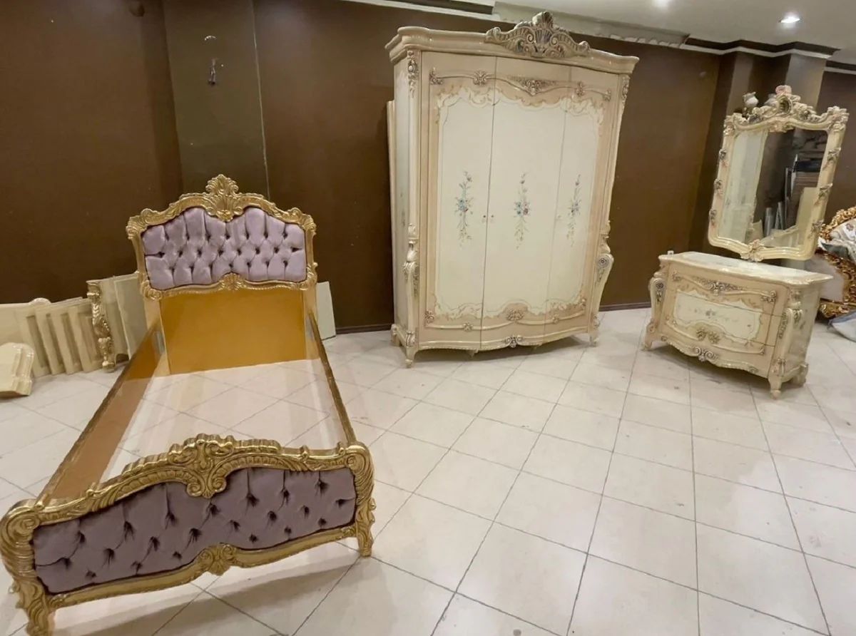 Luxus Barock Kommode mit Wandspiegel Beige / Creme / Mehrfarbig