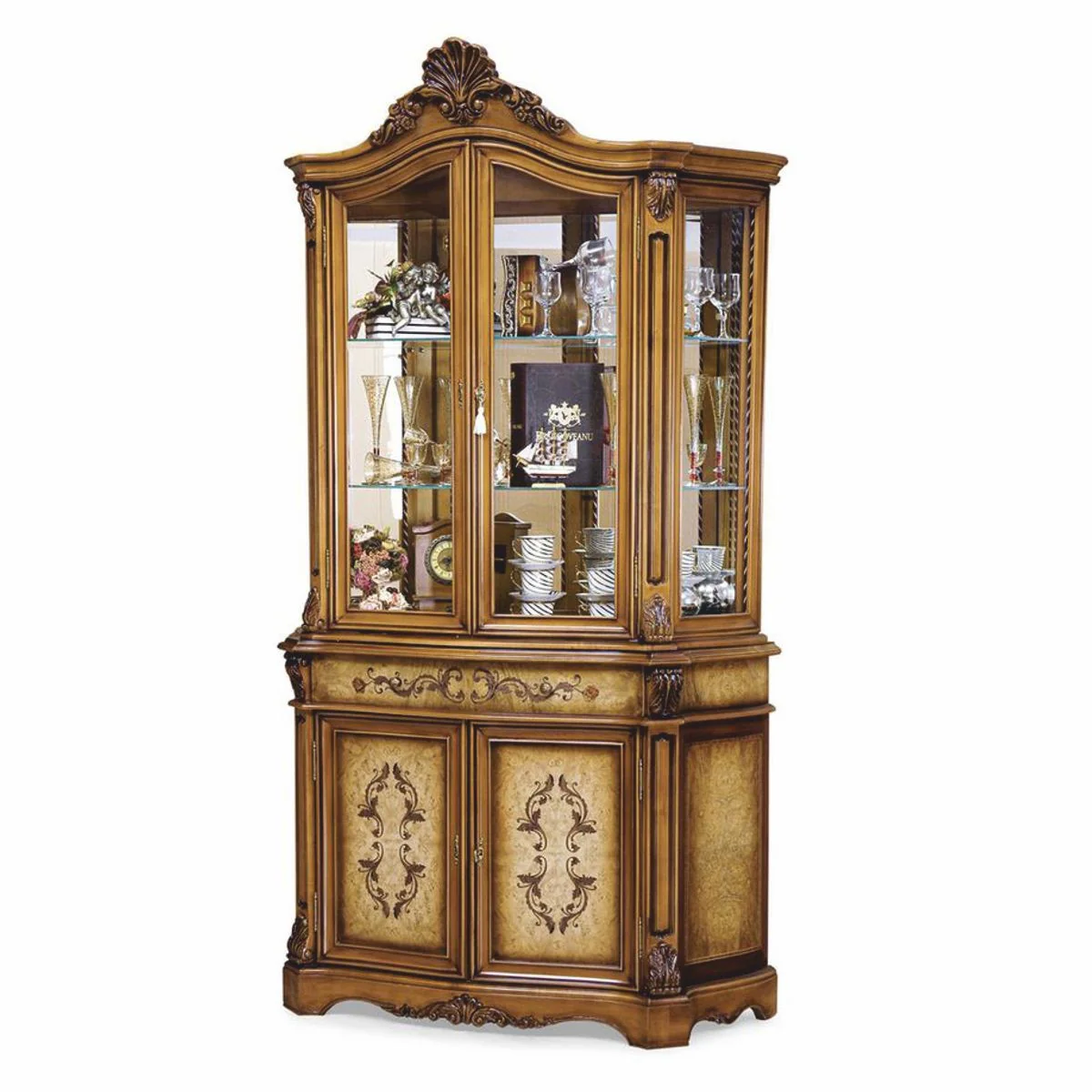 Luxus Barock Vitrine Braun / Naturfarben H. 232 cm - Barockstil Möbel