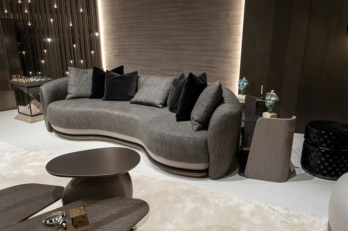 Luxus Regalschrank Grau / Dunkelbraun / Bronze 141,45 x 105,41 x H. 61,5 cm - Gebogener Schrank mit Glasplatte - Wohnzimmer Möbel - Hotel Möbel - Luxus Möbel