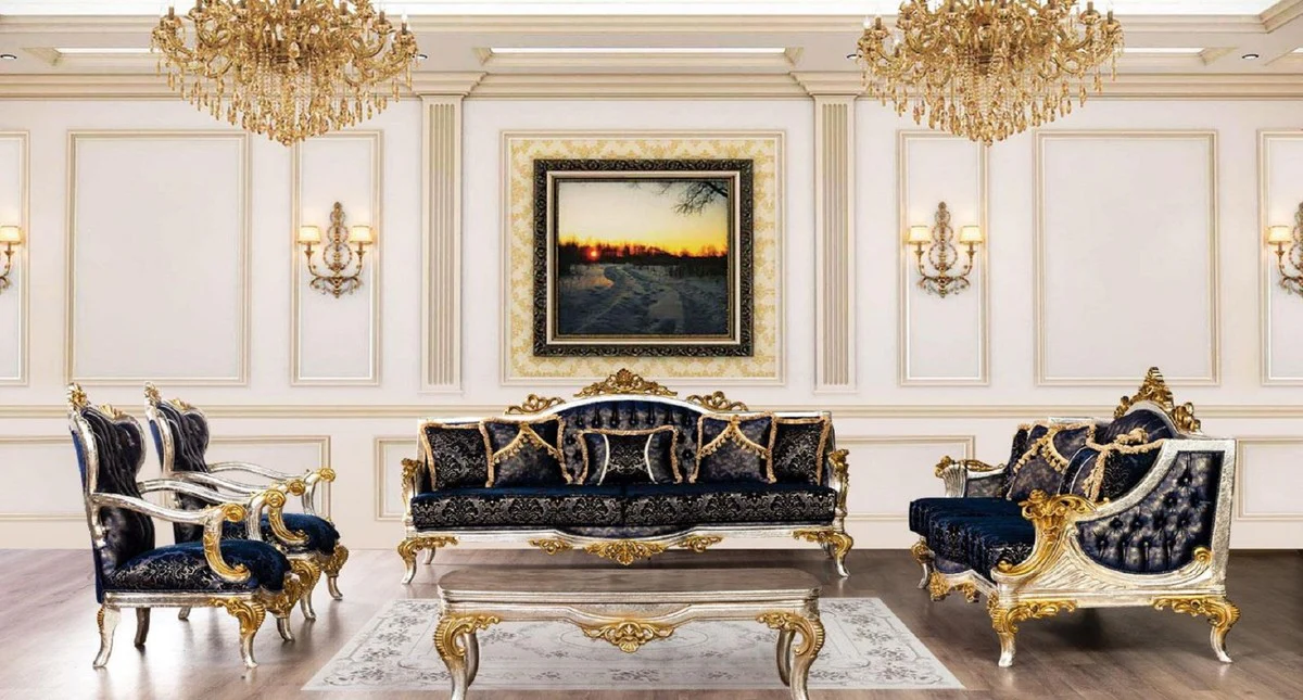 Luxus Barock Sofa Royalblau / Schwarz / Silber / Gold - Prunkvolles Wohnzimmer Sofa mit elegantem Muster - Barock Wohnzimmer Möbel
