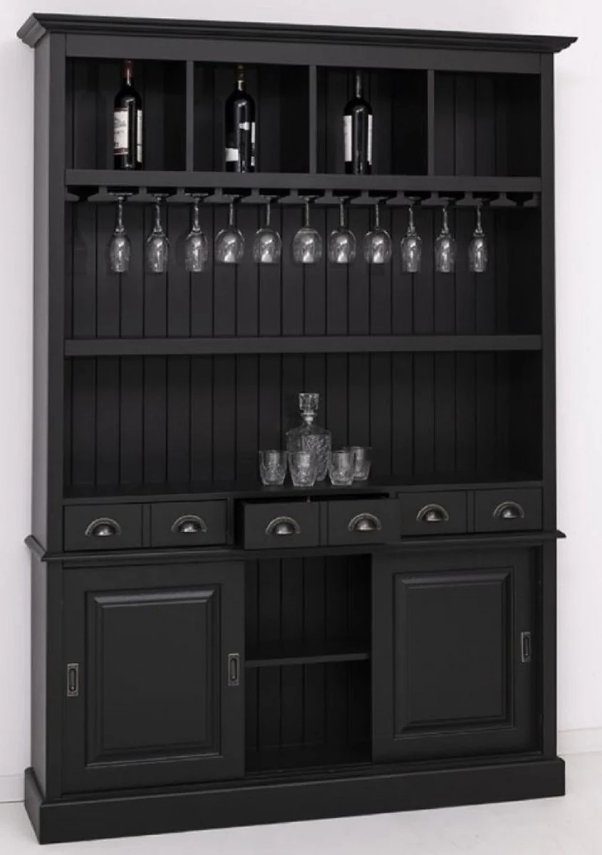 Landhausstil Massivholz Barschrank Schwarz 151 x 36 x H. 210 cm - Massivholz Weinschrank im Landhausstil - Massivholz Bar Möbel - Landhausstil Bar Möbel