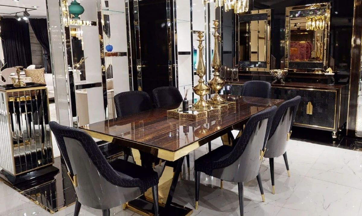 Luxus Esstisch Dunkelbraun / Gold 220 x 110 x H. 81 cm - Rechteckiger Massivholz Küchentisch - Esszimmer Möbel - Luxus Möbel - Luxus Einrichtung