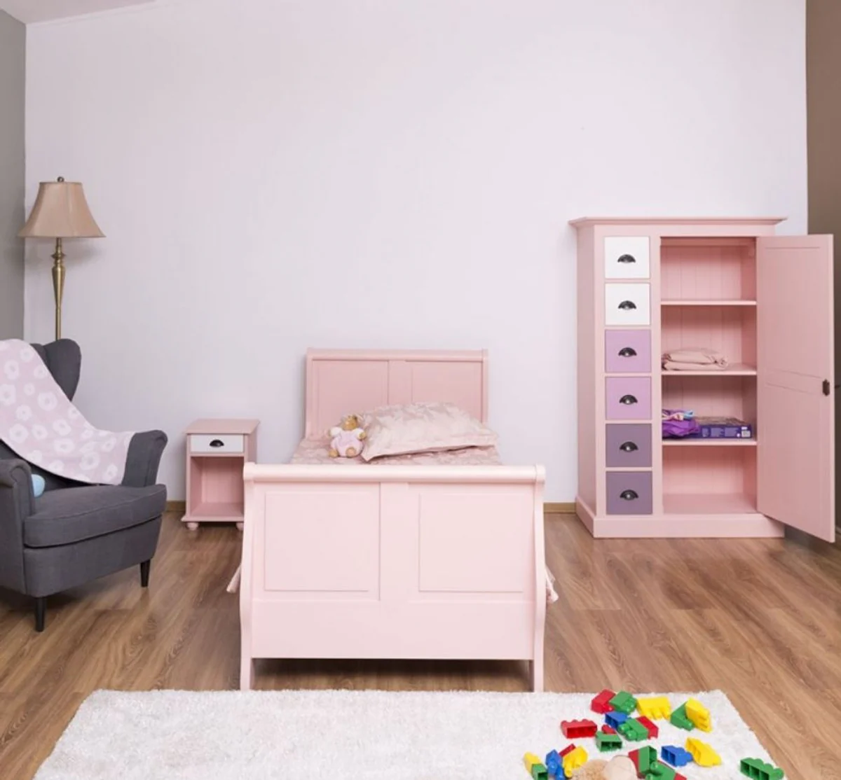Landhausstil Massivholz Kinderzimmer Möbel Set Rosa / Weiß / Lila - 1 Einzelbett & 1 Kleiderschrank & 1 Nachttisch - Landhausstil Möbel