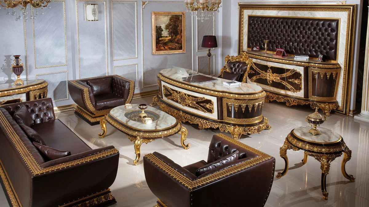 Luxus Barock Beistelltisch Weiß / Dunkelbraun / Gold - Prunkvoller Massivholz Tisch im Barockstil - Barock Wohnzimmer Möbel - Edel & Prunkvoll