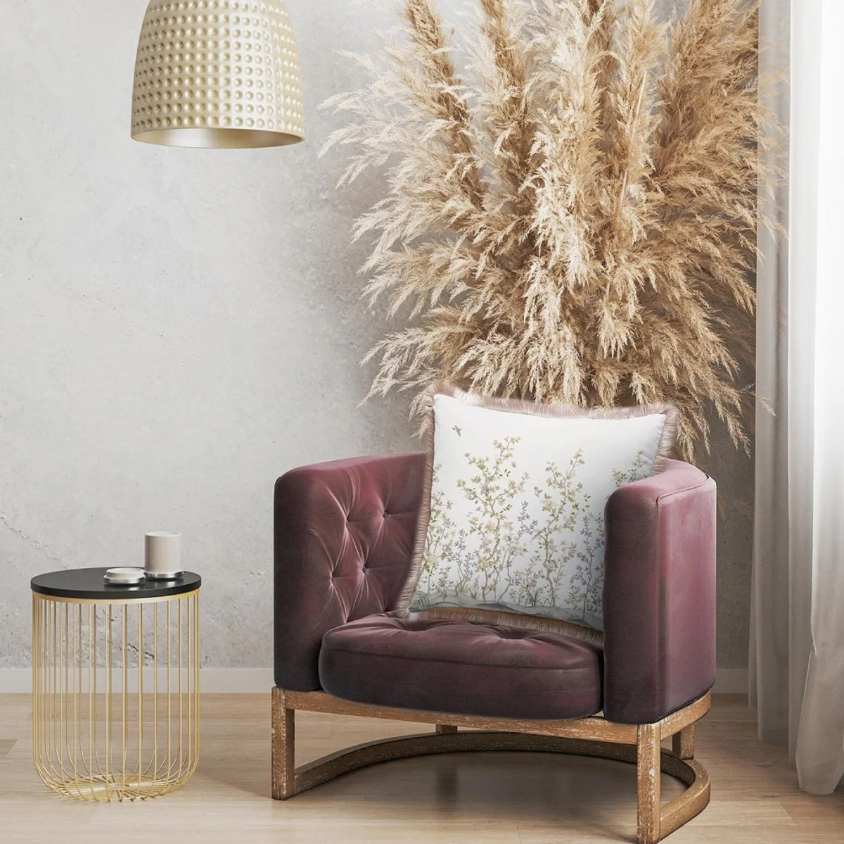 Luxus Deko Kissen Sträucher mit Blumen & Vögel Weiß / Mehrfarbig / Braun 45 x 45 cm - Bedrucktes Samt Kissen mit Fransen - Luxus Deko Accessoires