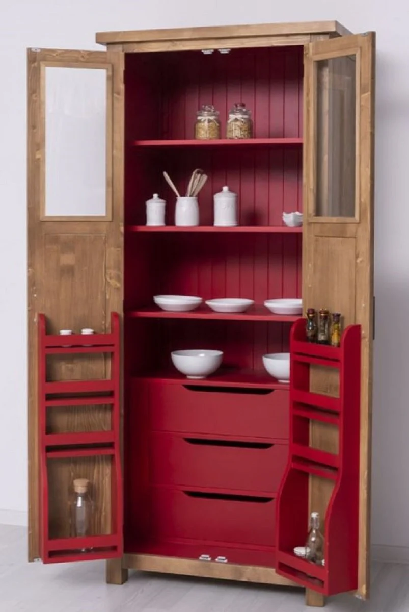 Landhausstil Esszimmerschrank Naturfarben / Rot 96 x 65 x H. 220 cm - Massivholz Küchenschrank mit 2 Türen - Esszimmer Möbel im Landhausstil - Landhausstil Esszimmer Einrichtung
