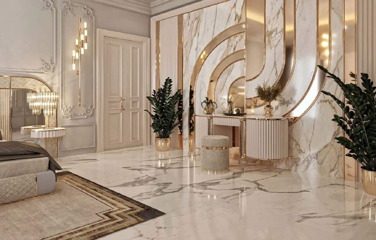 Luxus Hocker Grau / Gold Ø 45 x H. 45 cm - Runder Sitzhocker - Schlafzimmer Möbel - Luxus Möbel - Luxus Einrichtung