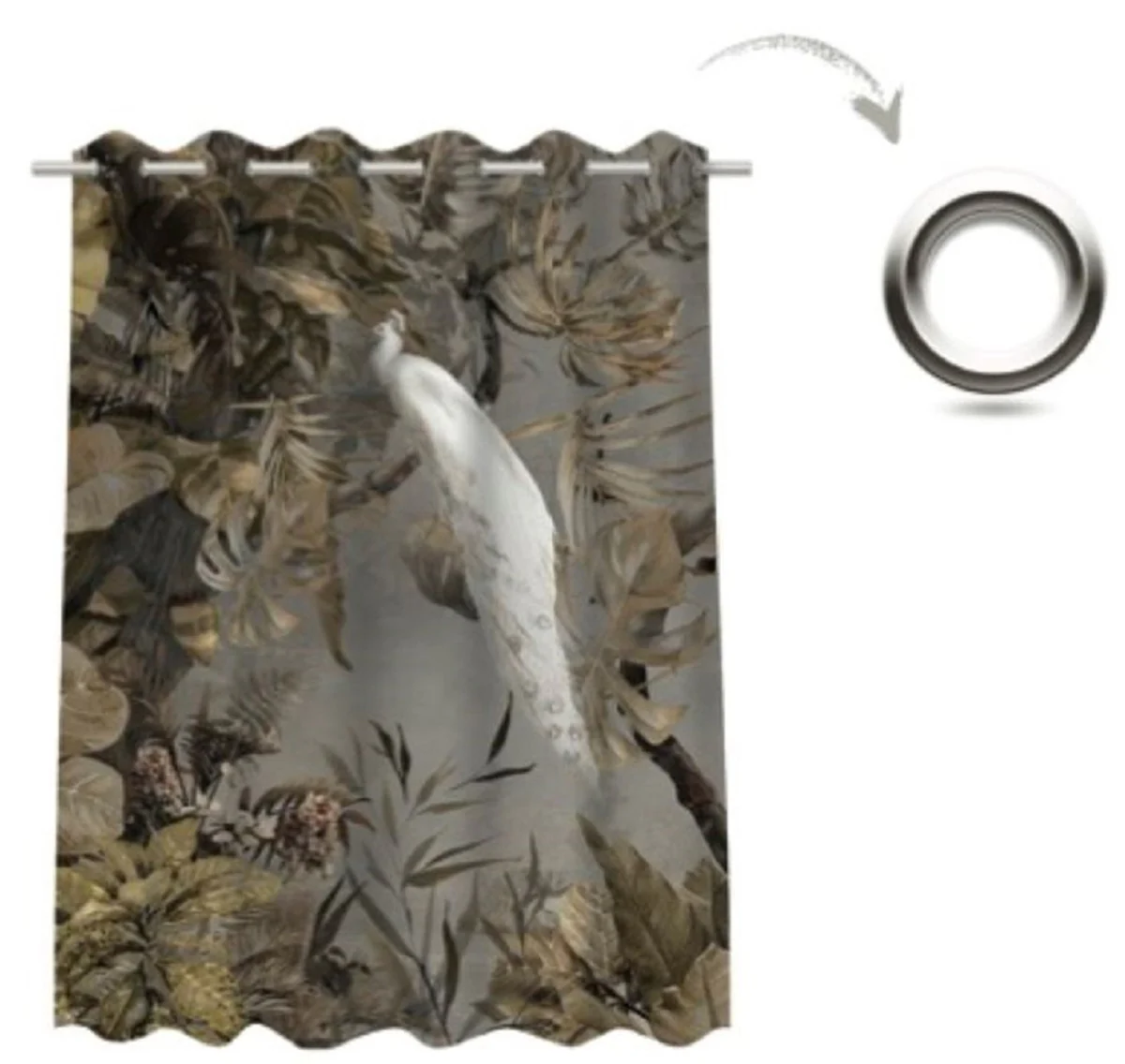 Luxus Vorhang Set Weißer Pfau im Wald Grau / Mehrfarbig 250 x H. 290 cm - Bedruckte Leinen & Samt Vorhänge - Ösenvorhänge - Schiebevorhänge - Luxus Wohnzimmer Vorhänge