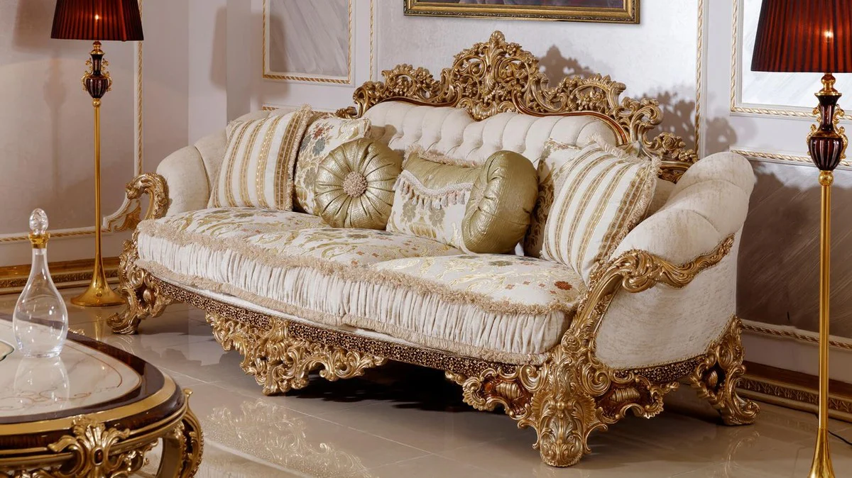 Luxus Barock Sofa Weiß / Mehrfarbig / Braun / Gold - Prunkvolles Wohnzimmer Sofa mit elegantem Muster - Barock Wohnzimmer & Hotel Möbel - Edel & Prunkvoll