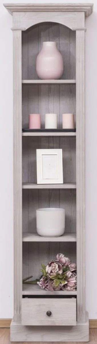 Landhausstil Regalschrank Hellgrau 50 x 33 x H. 190 cm - Massivholz Schrank mit 4 Regalen und Schublade - Landhausstil Möbel