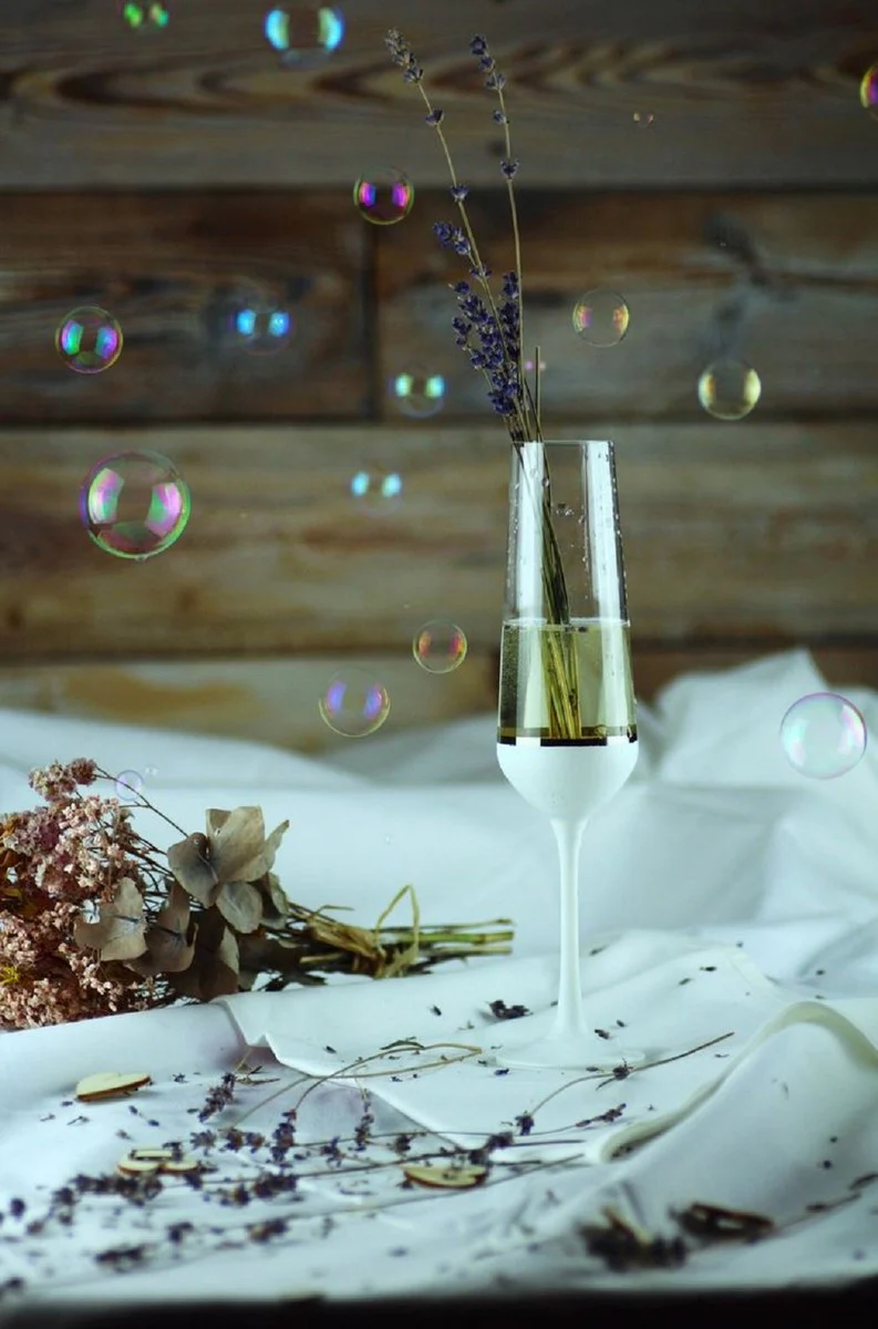 Luxus Champagnerglas 6er Set Weiß / Silber Ø 6,5 x H. 26,5 cm - Handgefertigte und handbemalte Champagnergläser - Hotel & Restaurant Accessoires - Luxus Qualität