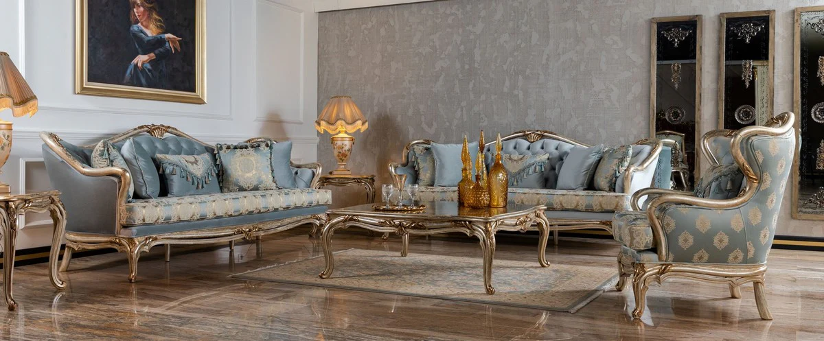 Luxus Barock Sofa Hellblau / Silber / Gold - Handgefertigtes Wohnzimmer Sofa im Barockstil - Barock Wohnzimmer Möbel
