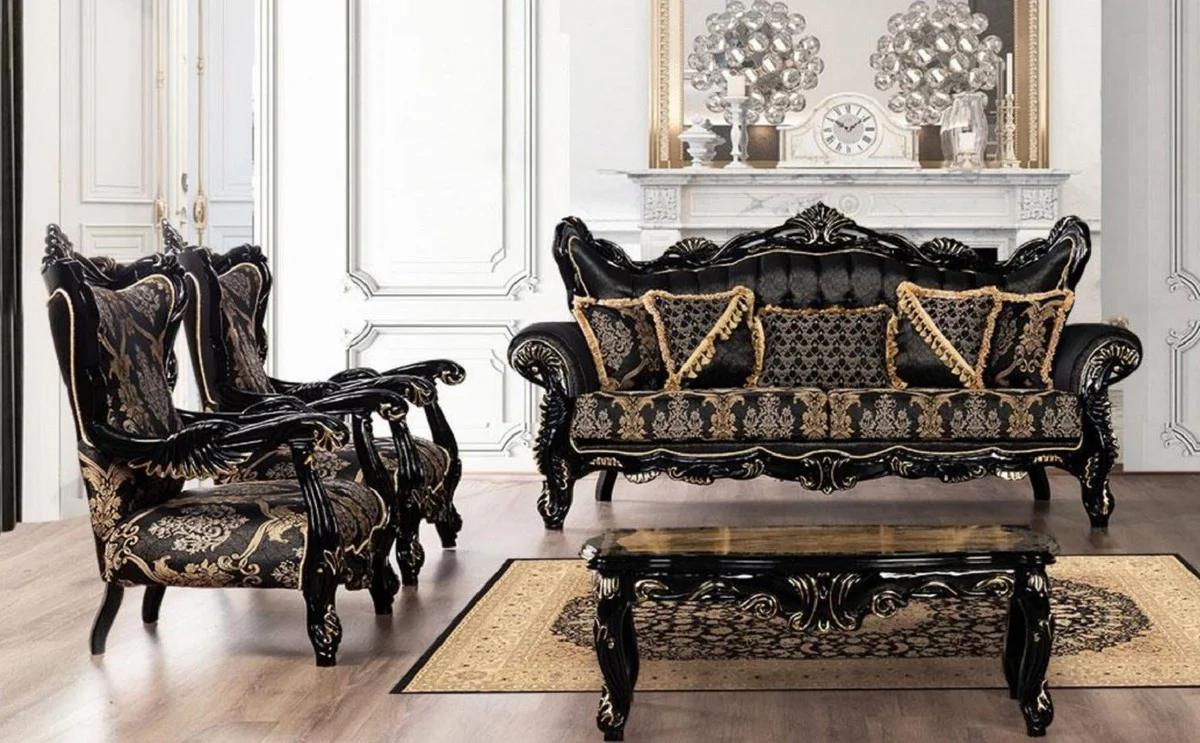 Luxus Barock Wohnzimmer Set Schwarz / Gold - 2 Sofas mit Muster & 2 Sessel mit Muster & 1 Couchtisch - Prunkvolle Barock Wohnzimmer Möbel