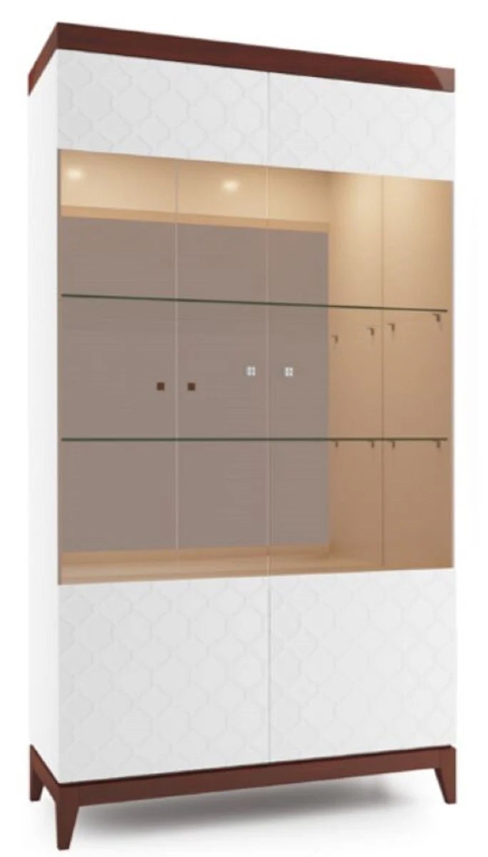Luxus Vitrinenschrank Weiß / Hochglanz Braun 111,2 x 45 x H. 205 cm - Beleuchteter Wohnzimmerschrank mit 2 großen Glasregalen - Wohnzimmermöbel