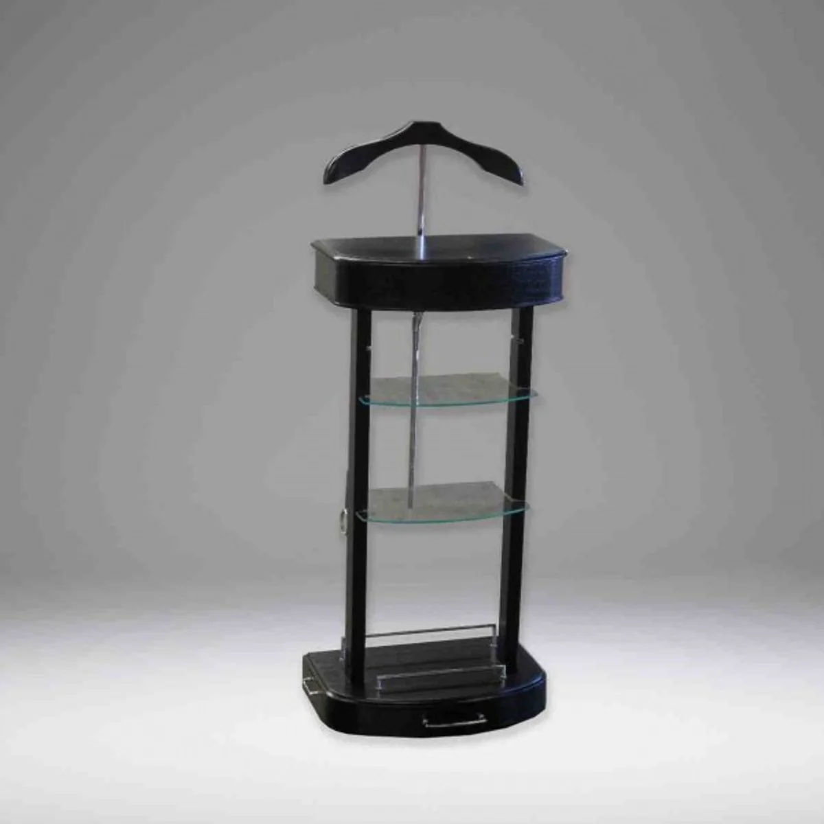 Designer Luxus Garderoben Ständer mit Spiegel und Regalen Schwarz - Dressboy - Kleiderständer Anzugständer - Barock Empire Art Deco Jugendstil Biedermeier