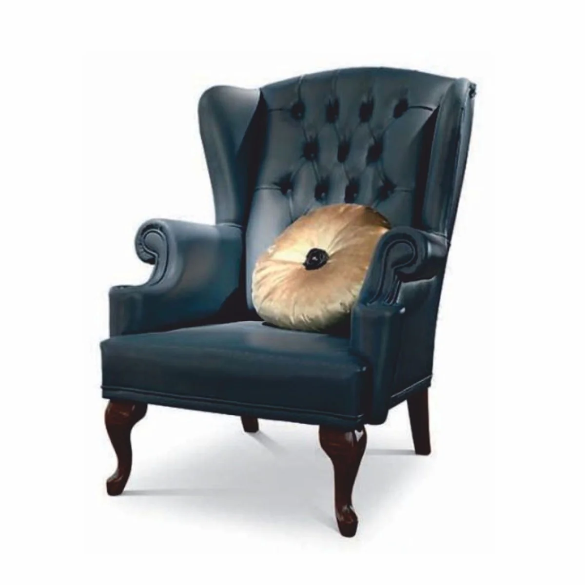 Luxus Barock Chesterfield Echtleder Ohrensessel Blau / Dunkelbraun - Made in Italy