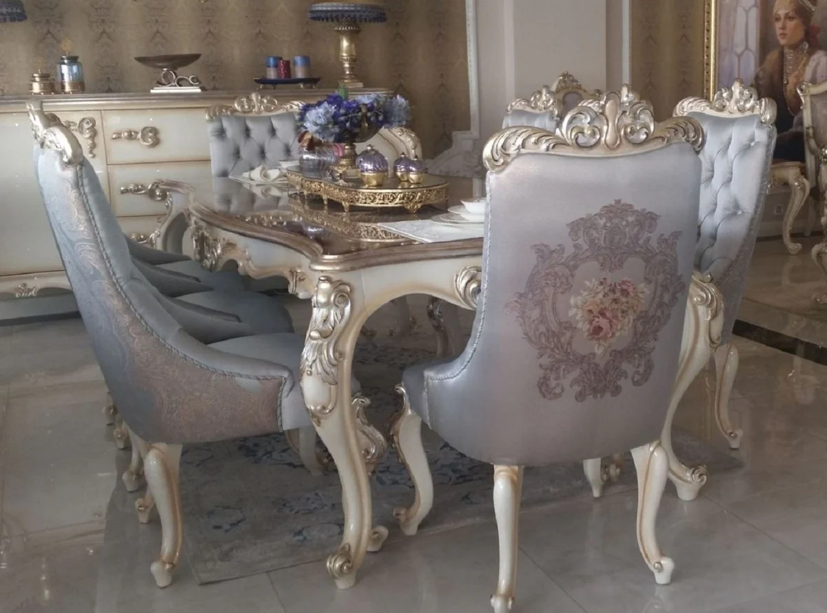 Luxus Barock Esstisch Silber / Creme / Gold - Handgefertigter Massivholz Esszimmertisch - Möbel im Barockstil - Edel & Prunkvoll