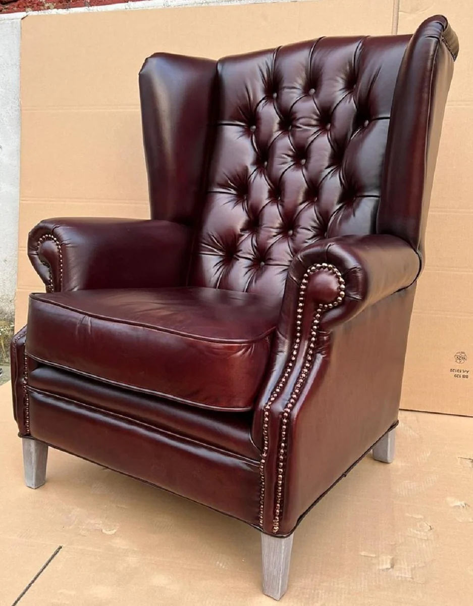 Luxus Chesterfield Ohrensessel Weinrot / Grau 90 x 90 x H. 110 cm - Echtleder Chesterfield Wohnzimmer Sessel - Wohnzimmer Möbel - Chesterfield Möbel - Luxus Möbel