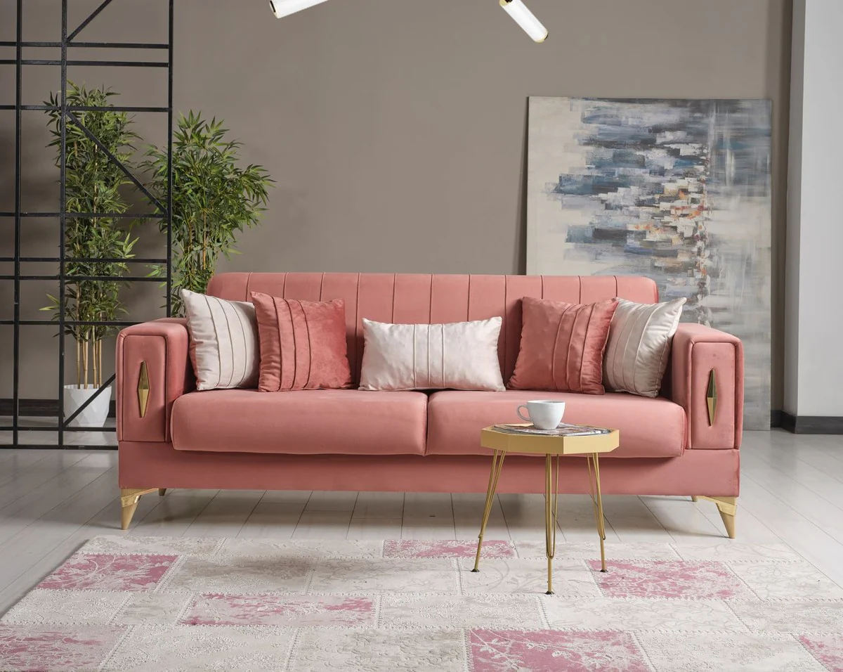Luxus Schlafsofa Rosa / Gold 222 x 93 x H. 87 cm - Wohnzimmer Sofa mit 5 Kissen - Luxus Wohnzimmer Möbel