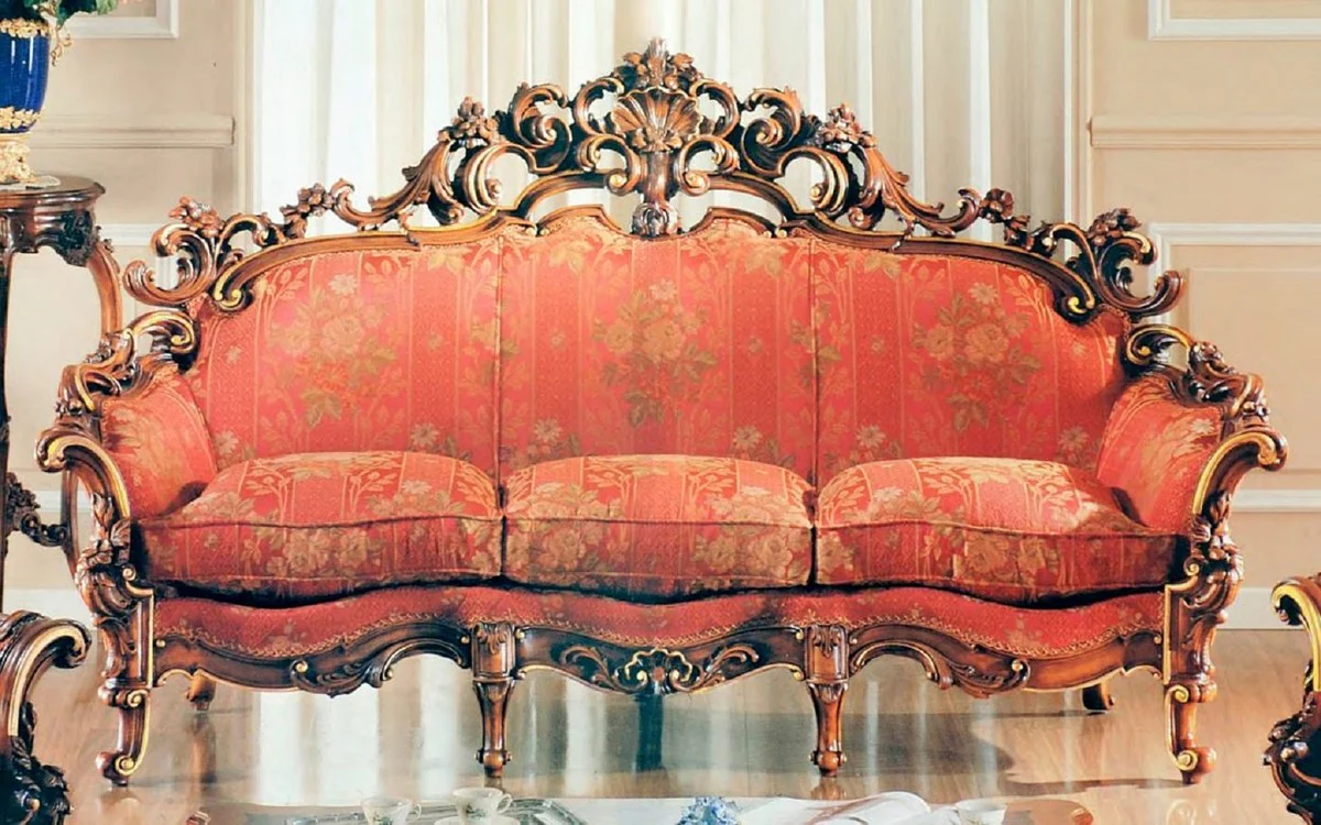 Luxus Barock Sofa Rot / Braun / Gold - Prunkvolles Wohnzimmer Sofa mit elegantem Muster - Barock Wohnzimmer & Hotel Möbel - Erstklassische Qualität - Made in Italy
