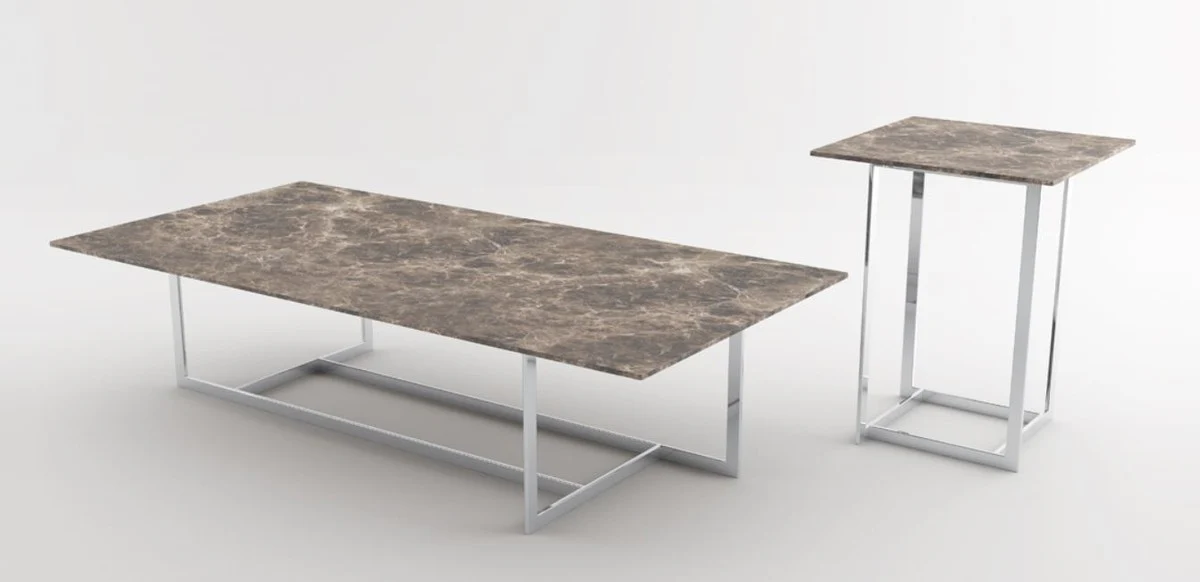 Luxus Wohnzimmer Set Silber / Braun - 1 Couchtisch mit Marmorplatte & 1 Beistelltisch mit Marmorplatte - Wohnzimmermöbel - Luxus Qualität