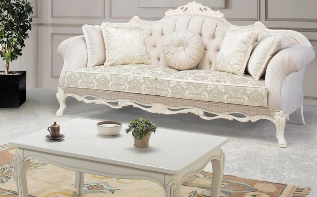Luxus Barock Massivholz Couchtisch Weiß / Beige 125 x 50 x H. 55 cm - Wohnzimmertisch im Barockstil