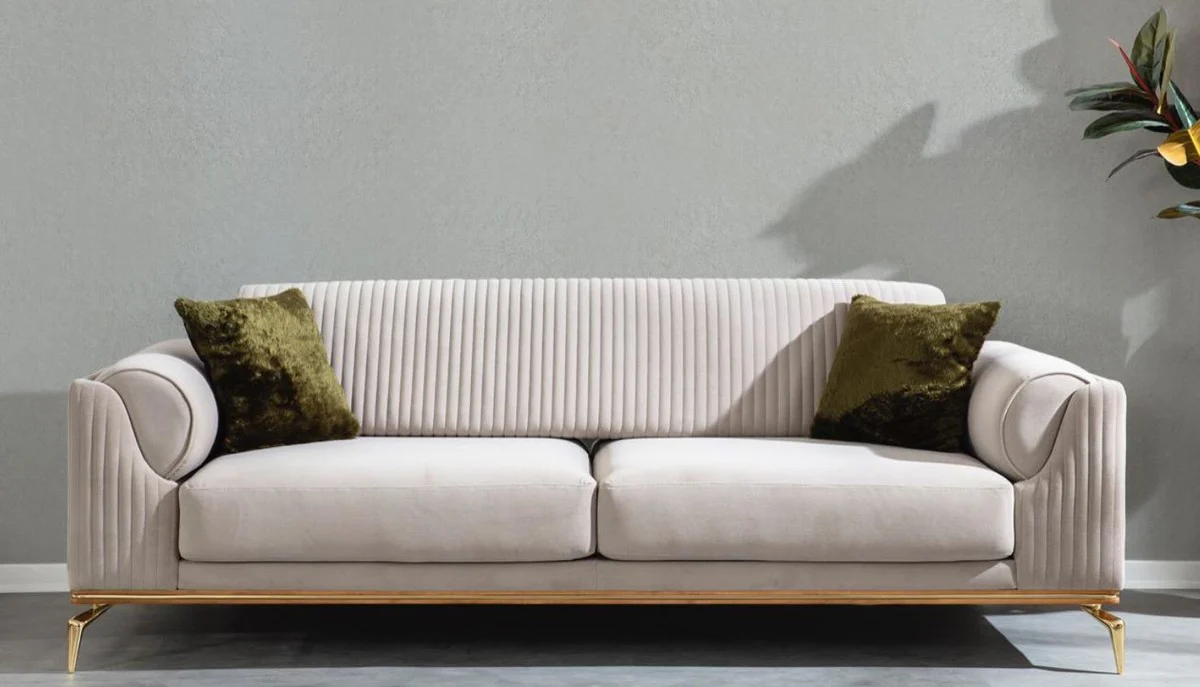 Luxus Art Deco Sofa Hellgrau / Braun / Gold 230 x 100 x H. 92 cm - Edles Wohnzimmer Sofa mit dekorativen Kissen - Luxus Art Deco Möbel